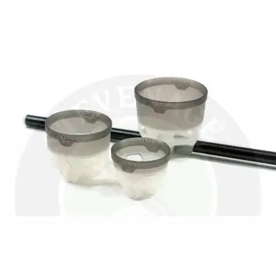 Three translucent gray furu release pole pots with black handles labeled m l and xl from tackle guru-fast release range