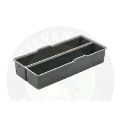 Gray plastic feeder box shallow insert with two compartments and subtle tackle guru logo on each side for stevenage bait