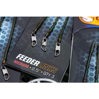Olive green braided feeder link with silver metal swivels and snap hooks for stevenage bait free-running rig use