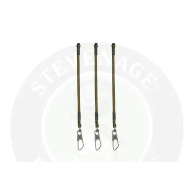 Three olive green elastic feeder link straps with metal swivel hooks for stevenage bait free-running rig use
