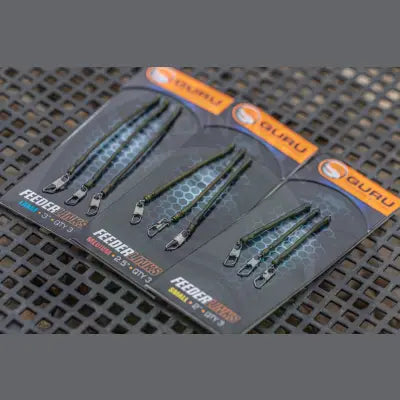 Three-pack of olive green guru feeder links with silver metal hardware for free-running rig stevenage bait use