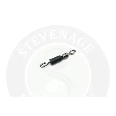 Black rubber-coated metal guru heli swivel with silver barrel and hook ends for stevenage bait quick-change use