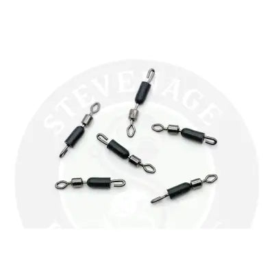 Black rubber-coated guru heli swivel with metallic barrel joints for purpose designed quick-change fishing rigs