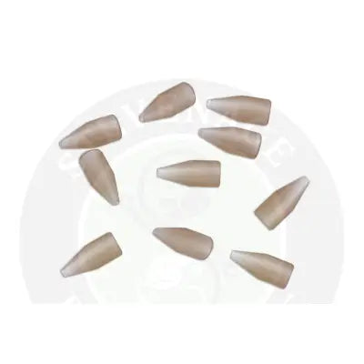 Beige translucent plastic guru tail rubbers arranged in a circular pattern for stevenage bait by tackle guru