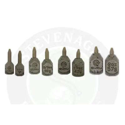 Set of six guru brand inline x-safe lead concrete-like fishing sinkers with textured surface and engraved markings