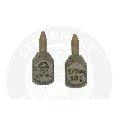 Two beige speckled guru inline x-safe lead fishing sinkers with engraved weight markings for ultimate safe bagging