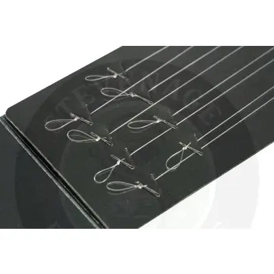 Silver wire fishing hooks neatly arranged on black card for tackle guru kaizen pole rigs commercial pole fishing use
