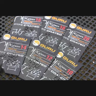 Black and orange PTFE coated Kaizen size fishing hooks in sizes 10 to 20 with unique pattern by Tackle Guru for Stevenage bait
