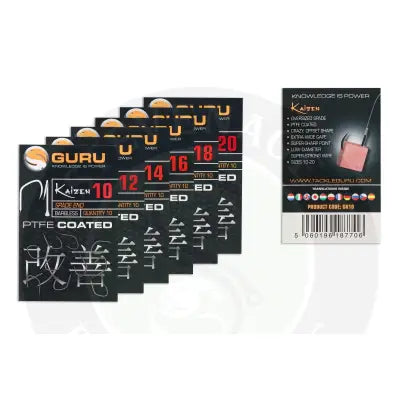 Tackle Guru Kaizen size fishing hooks in black and orange ptfe coated with spade end design and unique pattern for Stevenage bait