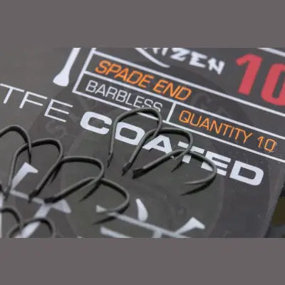 Black tfe-coated barbless fishing hooks with spade end in kaizen size featuring unique pattern for stevenage bait use