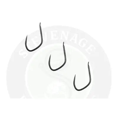 Three black fishing hooks with a sleek curved design in tackle guru kaizen size featuring a unique pattern for stevenage bait