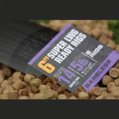 Purple and black packaging of tackle guru lwg bait band rig with bold white and orange text showing size and specs