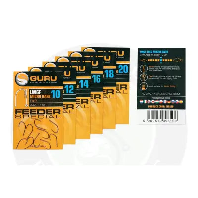 Tackle guru lwg feeder special eyed micro barb hooks in orange and black with original spade-end pattern sizes 10-20