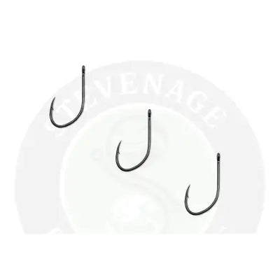 Three black lwg feeder fishing hooks with sleek curved design sharp points and original spade-end pattern by tackle guru