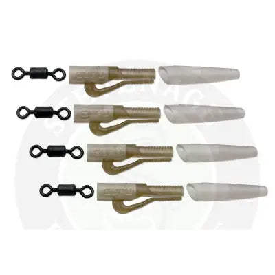 Set of four tan tackle guru micro lead clips with black barrel connectors and translucent plastic caps for stevenage bait