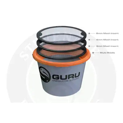 Gray plastic tackle guru multi riddle bucket with orange rim and black 6mm 4mm 3mm mesh inserts for fishing use
