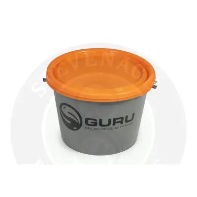 Gray plastic bucket with bright orange lid and guru logo for tackle guru multi riddle mainline match 18l use