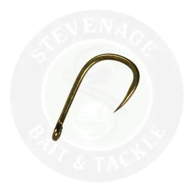 A golden curved barbless fishing hook with a sharp point and small eye from tackle guru mwg stevenage bait