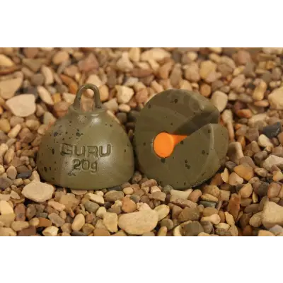 Olive-green guru inline plummets 20g fishing sinker with speckled texture and orange depth finding weight indicator