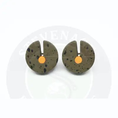 Olive-green speckled circular tackle guru plummet earrings with bright orange center for guru inline plummets depth finding