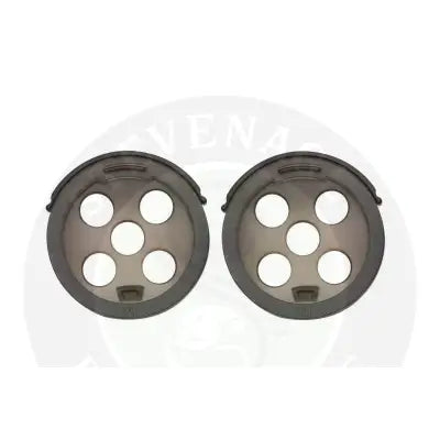 Two dark gray plastic pole pot sprinkle lids with five holes each from tackle guru for stevenage bait use