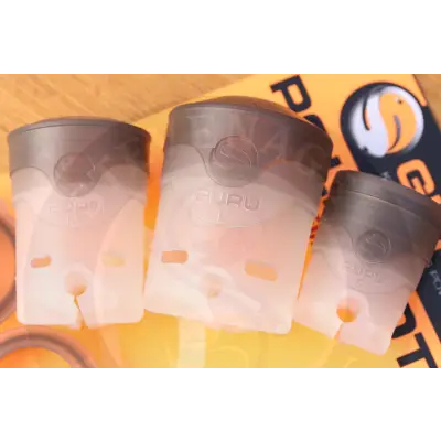 Three translucent gray and white plastic tackle guru pole pots with embossed puru branding for stevenage bait storage