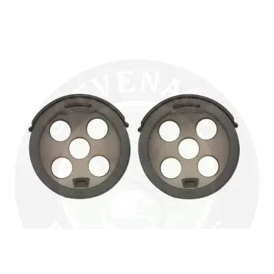 Two dark gray circular plastic bait trays with five holes each for stevenage bait tackle guru pole pot use