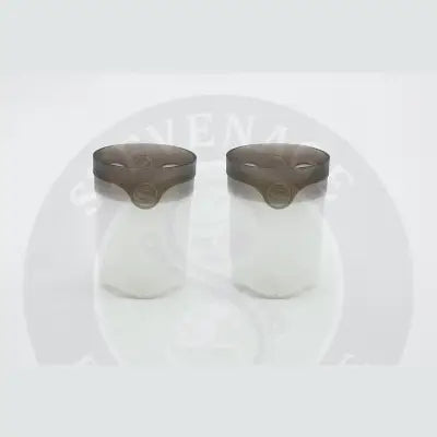 Two translucent white plastic pole pots with dark brown lids and circular logo, perfect for stevenage bait by tackle guru
