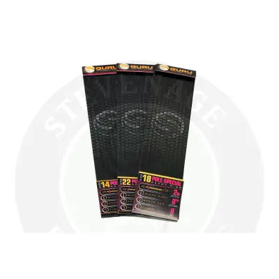Three black guru brand pole special rigs in sleek sleeves with pink and yellow labels for stevenage bait by tackle guru