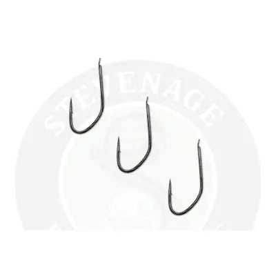 Three black sharp pointed curved fishing hooks from tackle guru pole special for stevenage bait fishing use