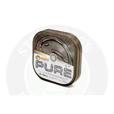 A dark olive-green square container holding a spool of tackle guru pure fluorocarbon fishing line high spec fluorocarbon