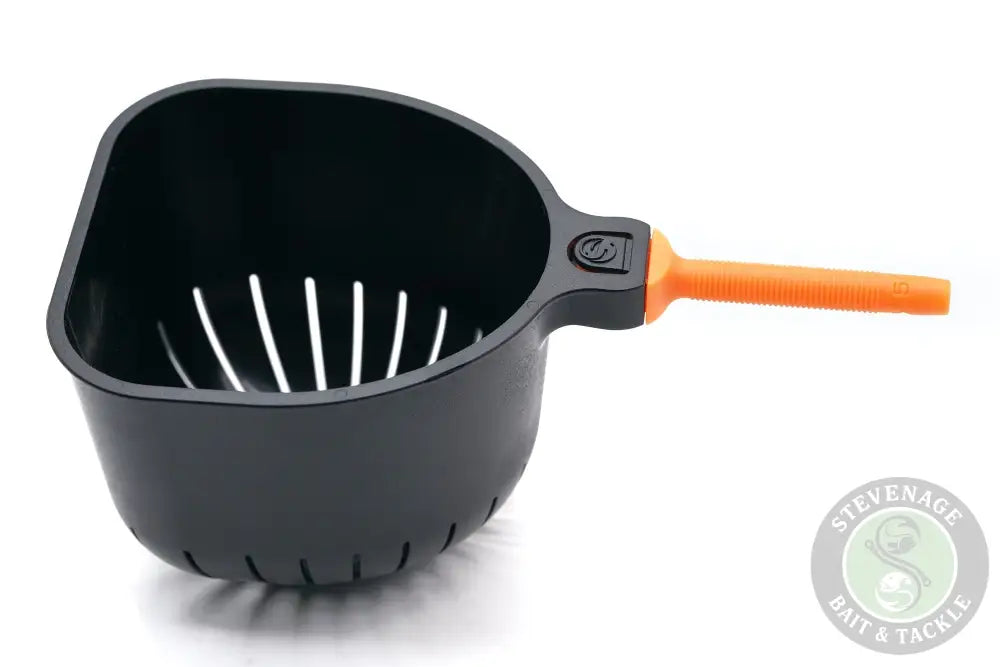Tackle guru rapid release pole cup black plastic bait scoop with orange handle and slotted design for easy cleaning