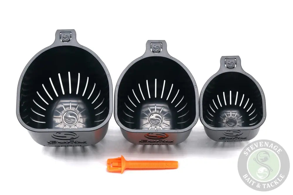 Set of three grey plastic rapid release pole cups with black radial slits and stevenage bait logo on the base