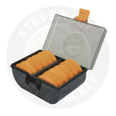 Black plastic guru rig box with orange foam inserts and translucent lid featuring uru logo for ultimate rig storage
