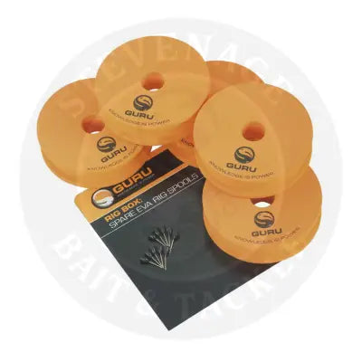 Set of bright orange eva guru rig box spools with black branding for ultimate rig storage by stevenage bait