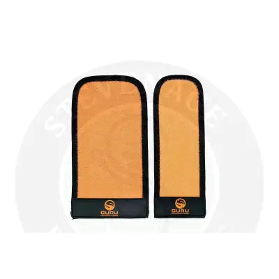 Orange textured grip pads with black trim and guru logo made from stretchy neoprene material for guru rod bands by stevenage bait