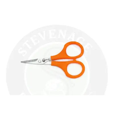 Orange-handled tackle guru serrated rig scissors with silver metal blades and fluorescent coloured handles