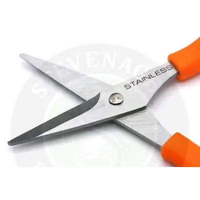 Orange-handled stainless steel serrated rig scissors by tackle guru with fluorescent coloured handles for fishing rigs