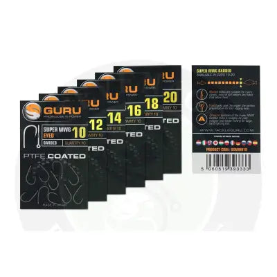 Black packaging of tackle guru smwg barbed fishing hooks with ptfe coating sizes 10 to 20 for stevenage bait use