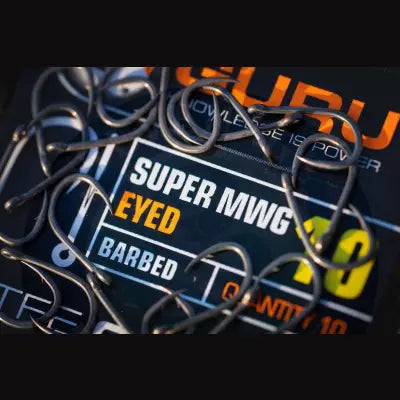 Black super mwg barbed fishing hooks with shiny metallic finish by Tackle Guru for stevenage bait and proven mwgb hook use