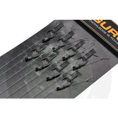 Black fishing hooks with clear plastic beads and rubber handles on dark gray display card for tackle guru smwg standard hooklength option