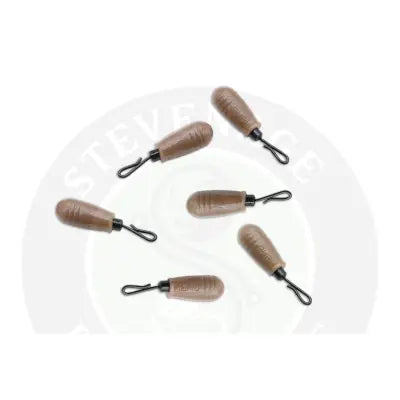 Tan plastic fishing sinkers with black metal hooks embossed with tackle guru branding for speed bead fishing use