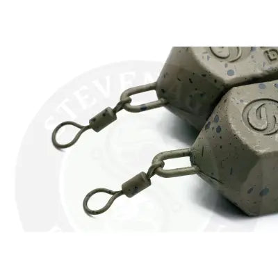 Olive green speckled square pear bomb fishing sinker with hexagonal textured body and tackle guru engraved logo