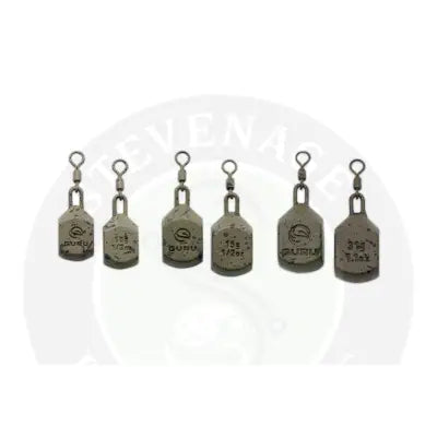 Set of six metallic square pear bomb fishing sinkers with engraved weights from tackle guru for stevenage bait use