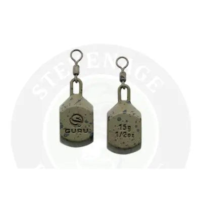 Two matte gray speckled tackle guru leads square pear bomb sinkers 15g with swivel hooks for stevenage bait use