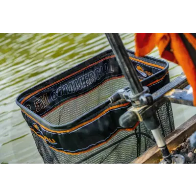 Black and orange mesh triple pack keepnet with reinforced edges branded 2.5m commercial for stevenage bait pack keepnet promo