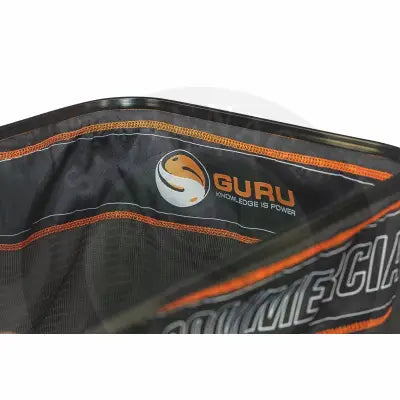 Black and orange mesh triple pack keepnet with guru logo embroidered on interior lining for stevenage bait pack keepnet promo