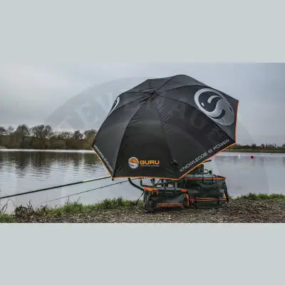 Black tackle guru umbrella large with orange trim silver logo made of deluxe waterproof 210d fabric for fishing use