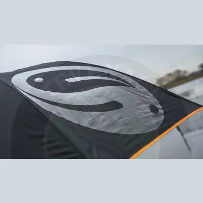 Black fabric car cover with large silver tackle guru logo and orange trim for umbrella large deluxe waterproof 210d