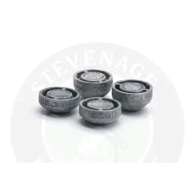 Gray metallic cylindrical caps for tackle guru small window feeder heavy weight pack with embossed text and indentations